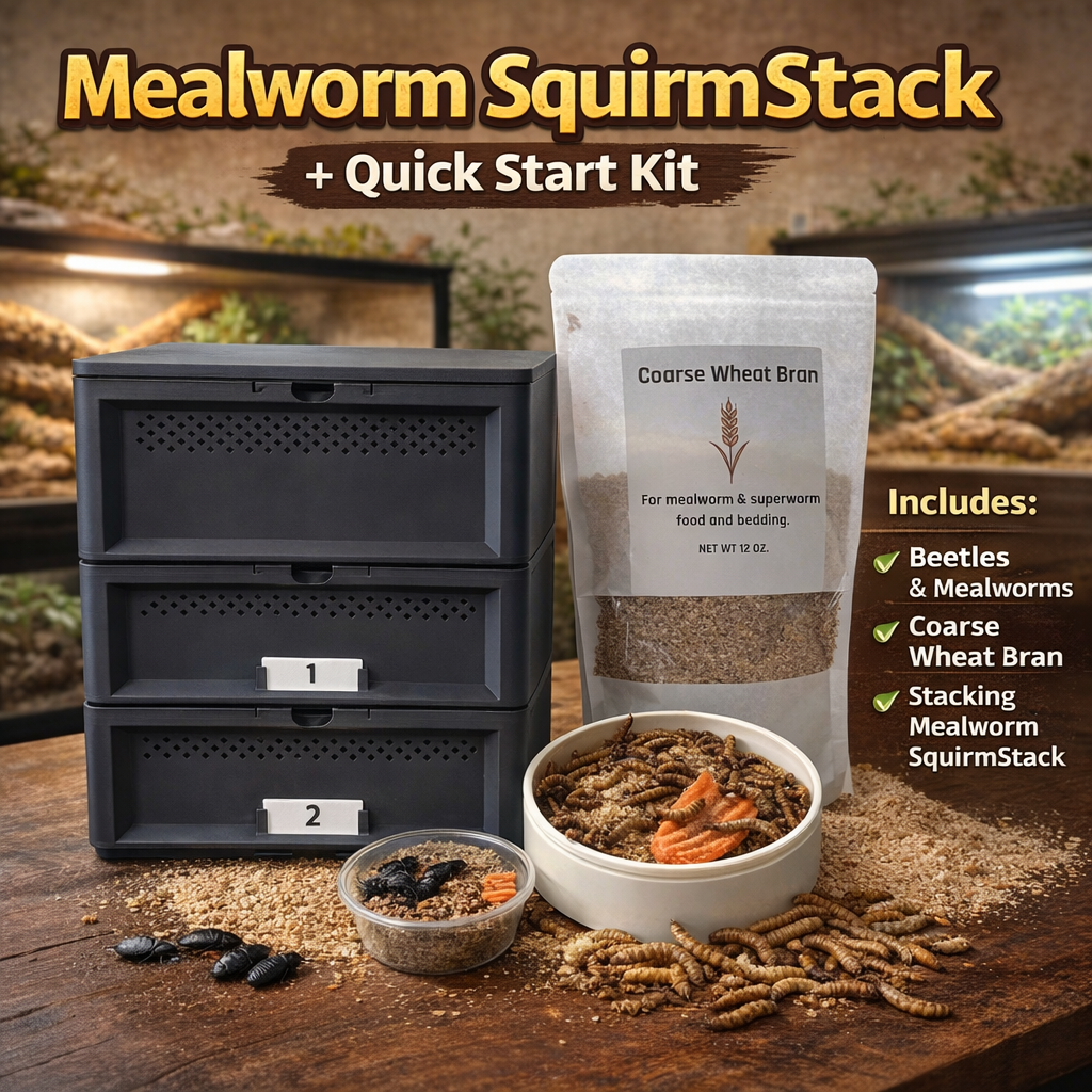 Complete Mealworm Farm Starter Bundle: SquirmStack + Beetles & Mealworms + Wheat Bran
